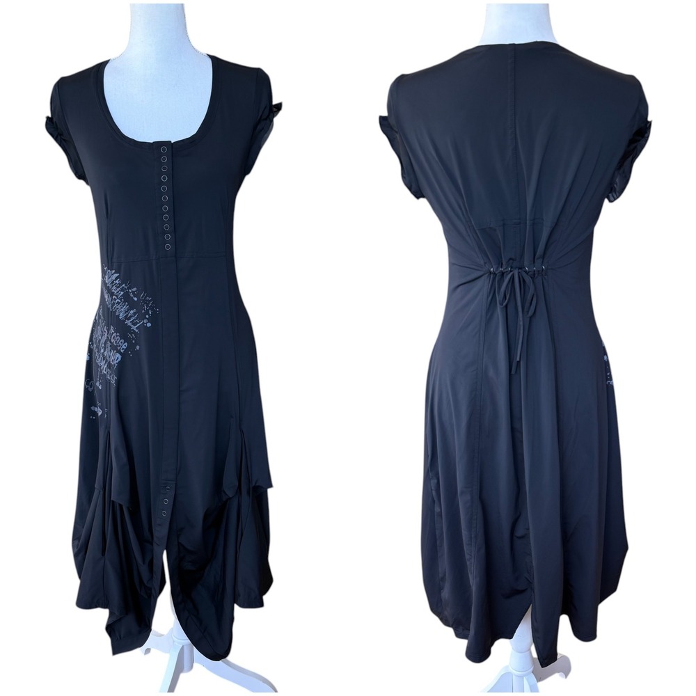 Lauren Vidal Black Avant Garde Bubble Hem Midi Dress Tie Back Graphic Small